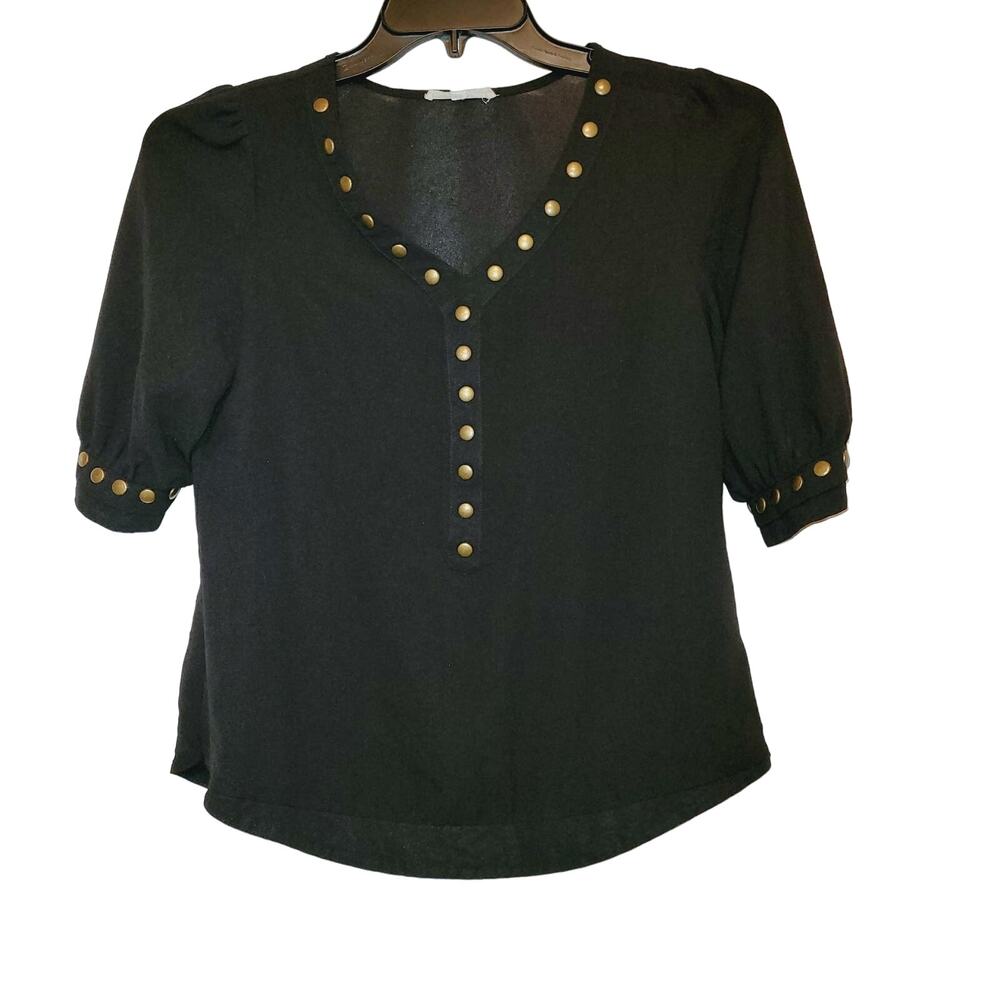 41 Hawthorne black grommet trimmed vneck short puff sleeved top size XS